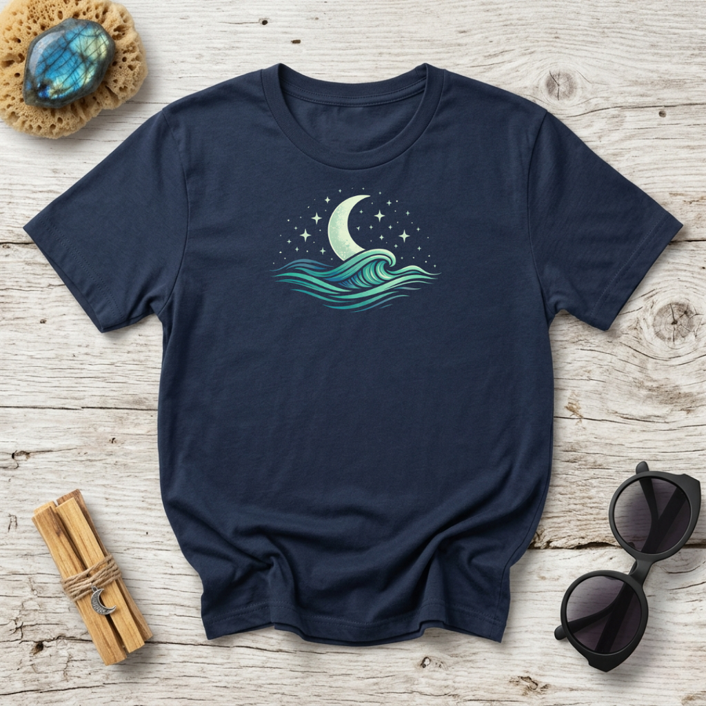 Vintage Crescent Moon Rising Over Ocean Waves T-Shirt