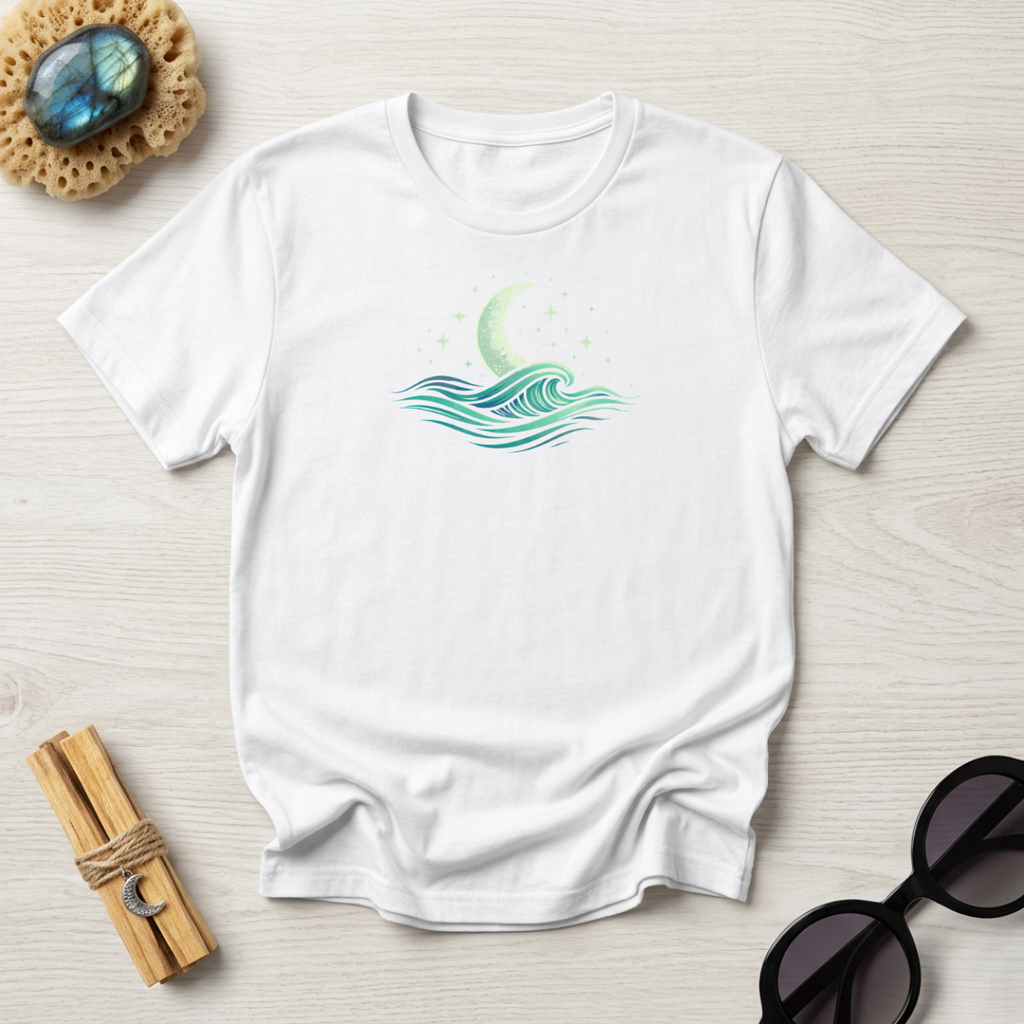Vintage Crescent Moon Rising Over Ocean Waves T-Shirt