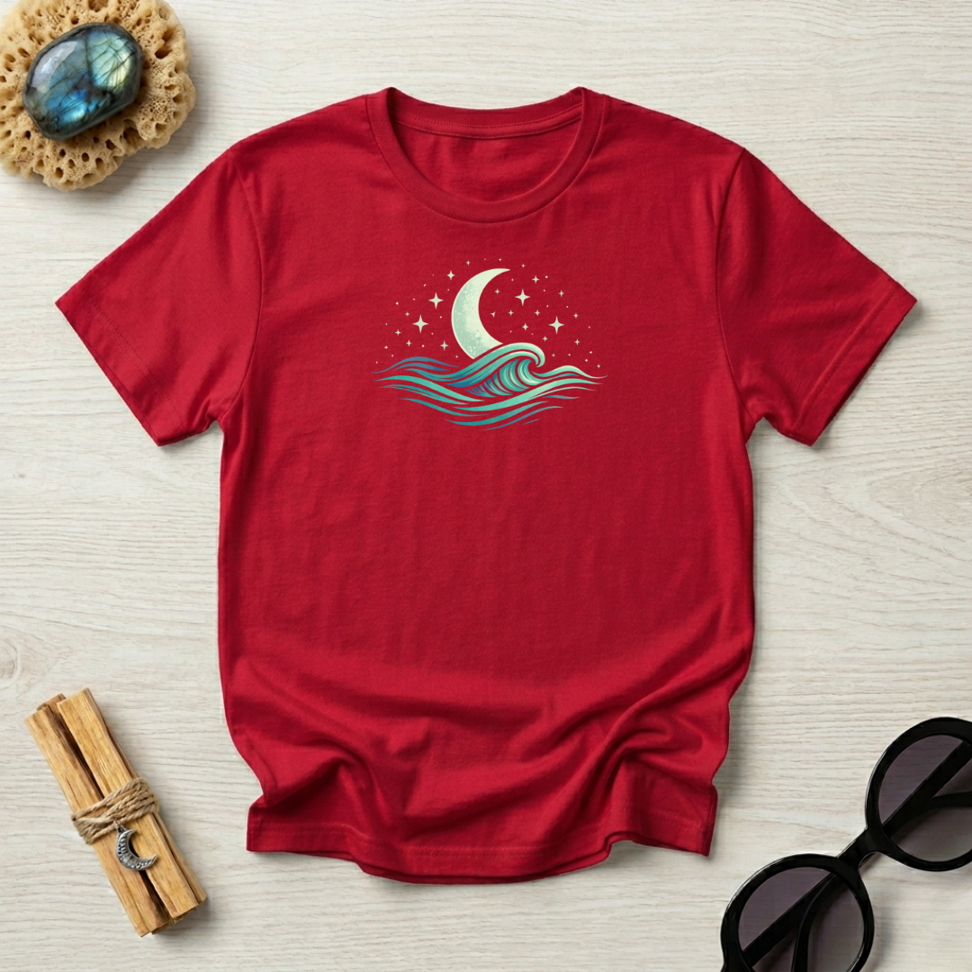 Vintage Crescent Moon Rising Over Ocean Waves T-Shirt